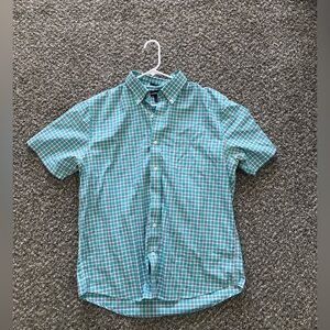 Lands' End Green Plaid Short Sleeve No Iron Twill Shirt Size Large